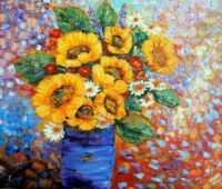 Belle peinture à l'huile sur toile "Bouquet de Tournesols"