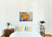 Belle peinture à l'huile sur toile "Bouquet de Tournesols" - Image 2