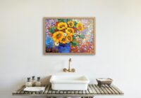 Belle peinture à l'huile sur toile "Bouquet de Tournesols" - Image 3