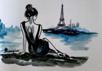 Œuvre Minimaliste. Art Romantique. Peinture unique. Romantic ink drawing  "Évasion Parisienne"