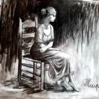 Alone, in the Nigh. Seule, dans la nuit. Dessin au fusain. Charcoal drawing.
